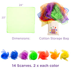 Covelico Play Scarves for Kids (14 Pack) – Montessori Sensory Dance Scarves + Ideas Guide