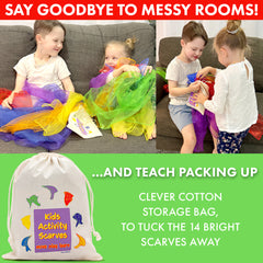 Covelico Play Scarves for Kids (14 Pack) – Montessori Sensory Dance Scarves + Ideas Guide