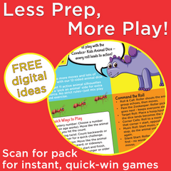 Promotional graphic for 'Less Prep, More Play!' with dice game instructions and a rhino character on a red background.