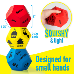 Set of three colorful dice with text and numbers, designed for small hands.