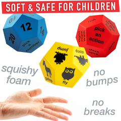 Three colorful dice with text and graphics, one being held by a hand, on a white background with text about safety and material.