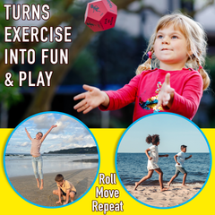 Child playing with a red dice, with text 'Turns exercise into fun & play' and images of children playing outdoors.