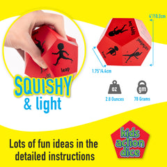 Red action dice with black silhouettes and measurement details on a yellow and white background.