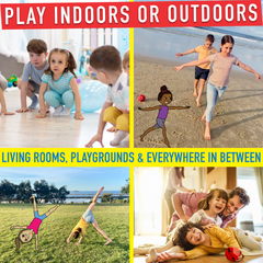 Children playing indoors, on a beach, in a park, and at home with text encouraging play.