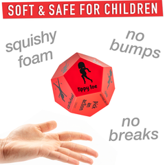 Red toy with a hand holding it, labeled 'squishy foam' and 'no bumps', on a white background.