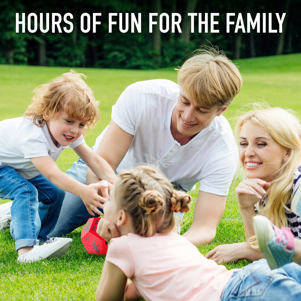 Family playing outdoors with text 'Hours of Fun for the Family' on a grassy background