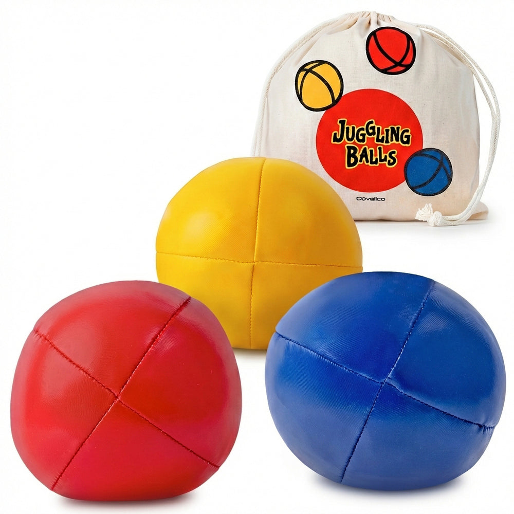 Three juggling balls (red, yellow, blue) with a drawstring bag featuring juggling ball designs on a white background.