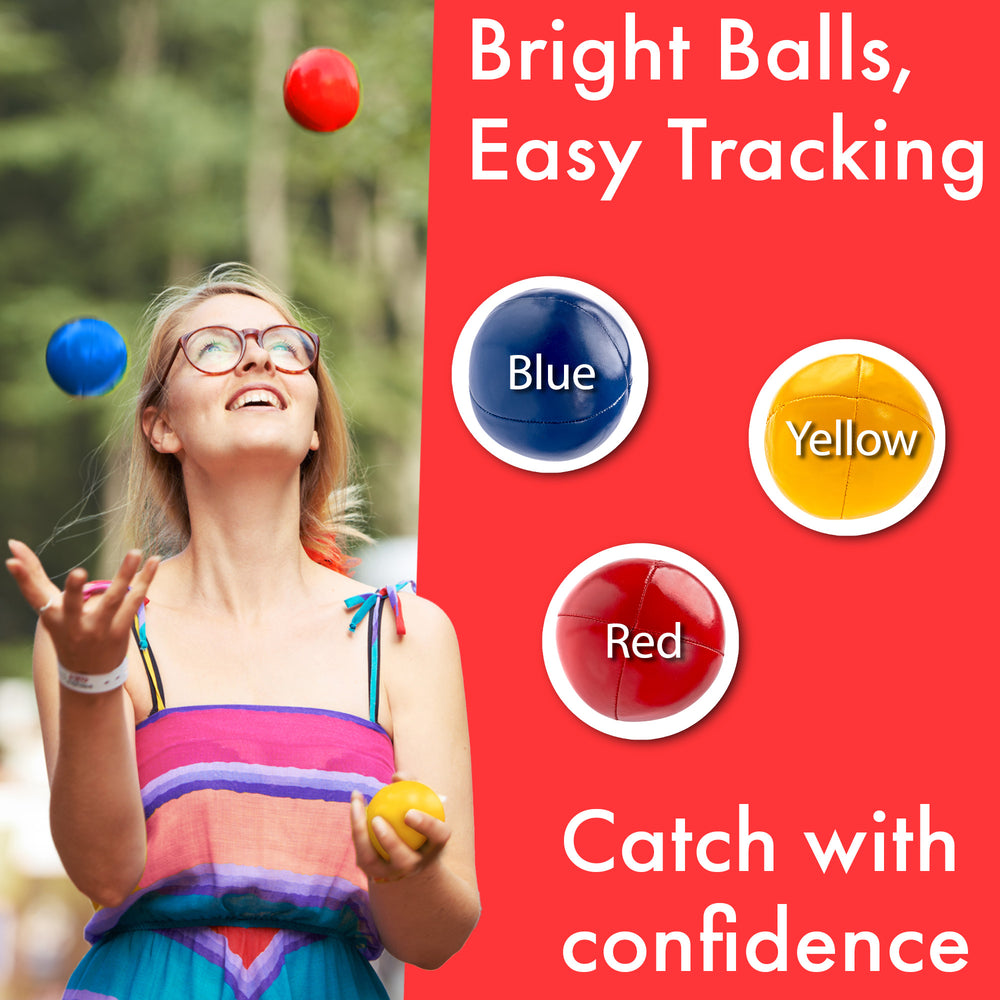 Woman juggling colorful balls with text about ball colors and tracking ease.