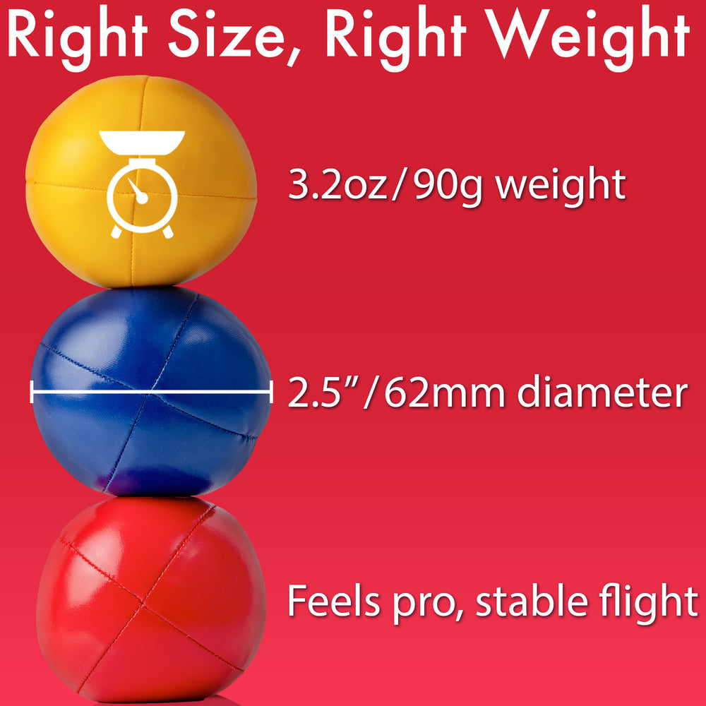 Three balls stacked on a red background with weight and diameter measurements.