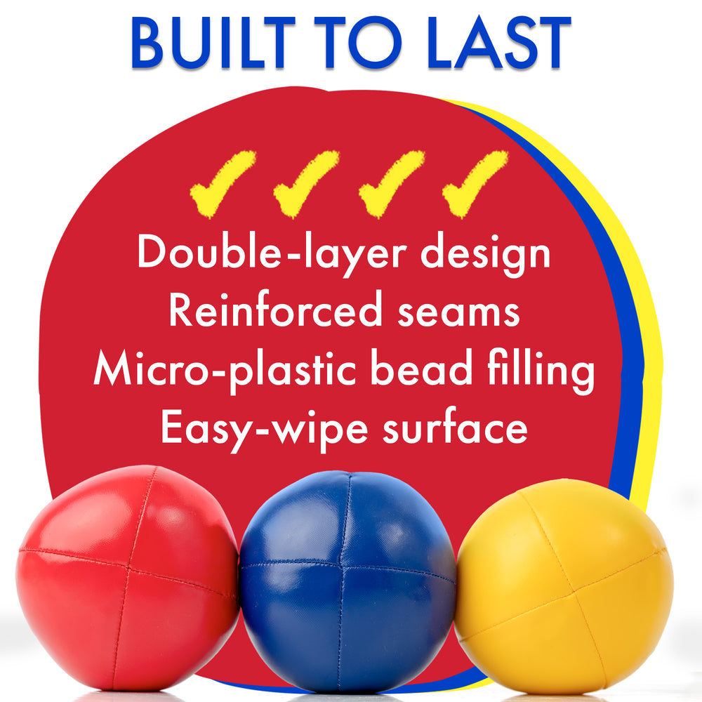 Three colorful balls with text highlighting features on a red and blue background