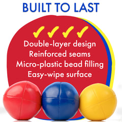 Three colorful balls with text highlighting features on a red and blue background