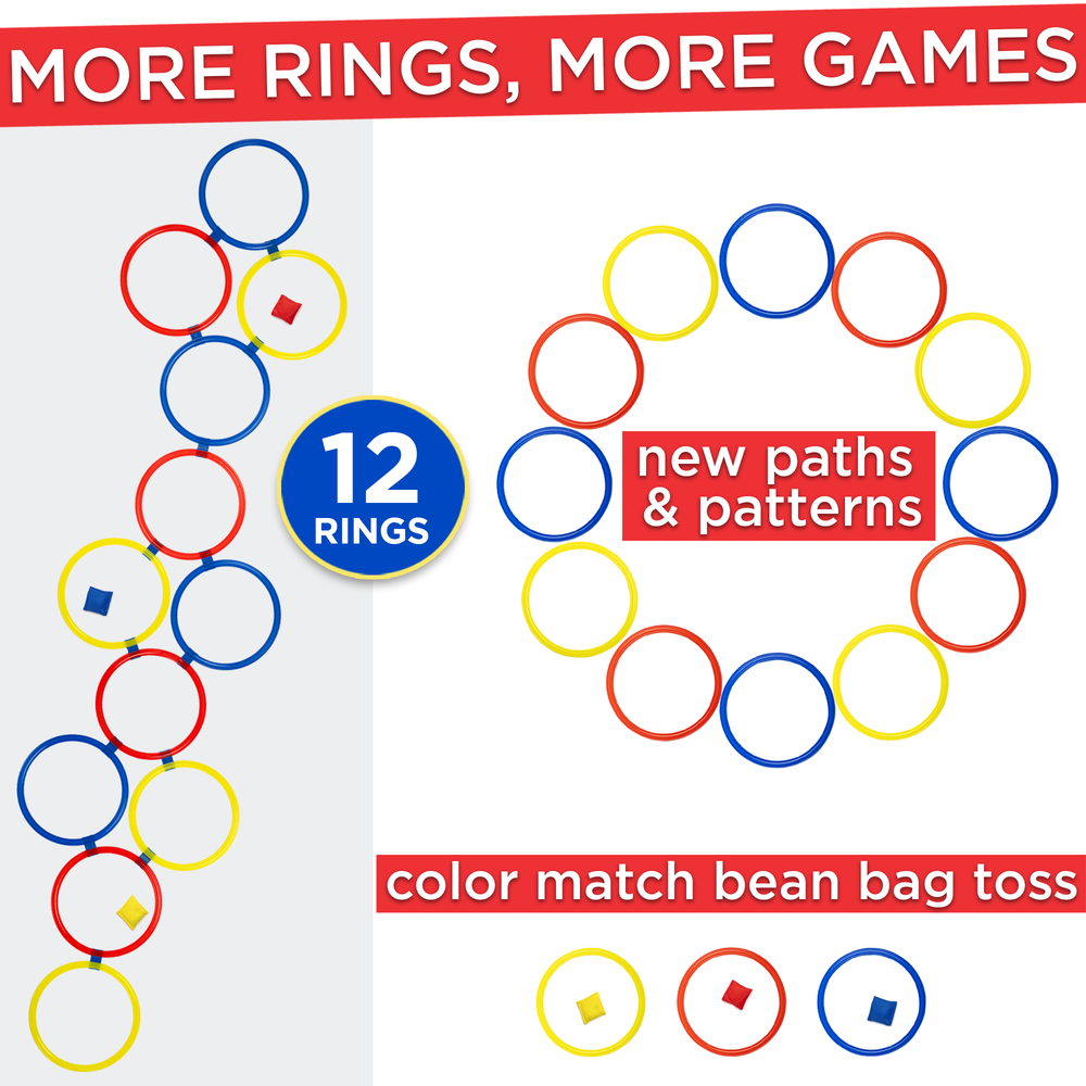 Color match bean bag toss game with 12 rings and various shapes on a white background.