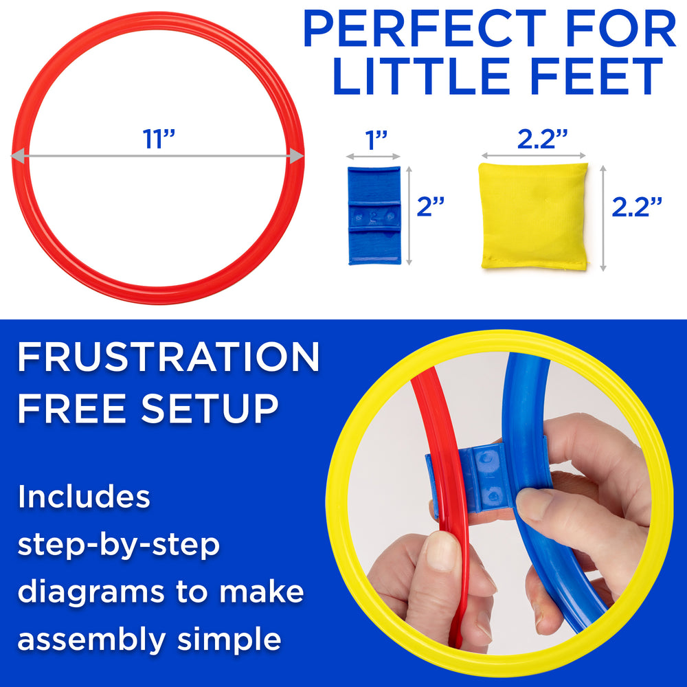 Product with red hoop, blue and yellow blocks, and assembly instructions on a blue background.