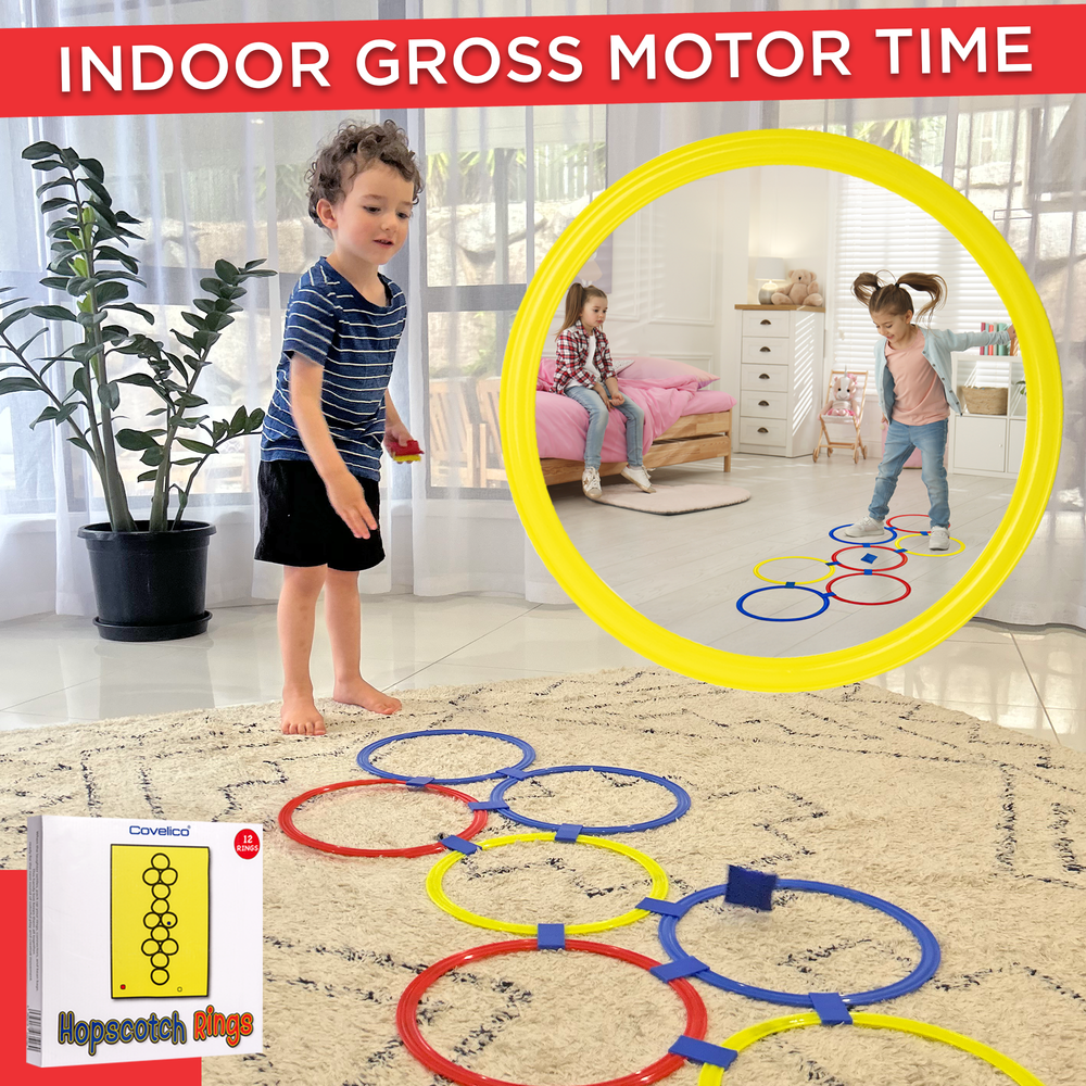 Children playing with a hopscotch game set on a carpeted floor, with a inset showing a close-up of the rings.
