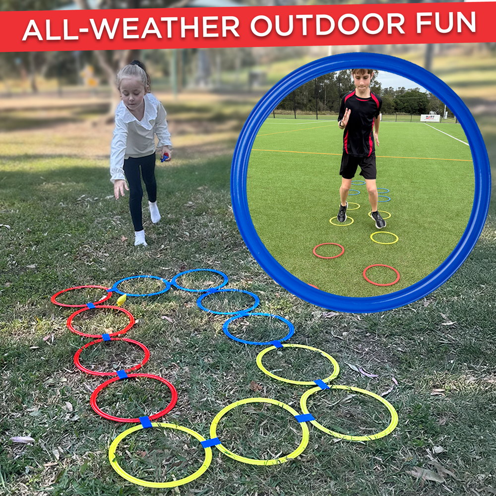 Children playing with colorful hoop relay game on grassy field with 'All-Weather Outdoor Fun' text.