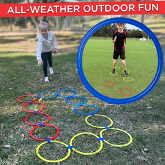 Children playing with colorful hoop relay game on grassy field with 'All-Weather Outdoor Fun' text.