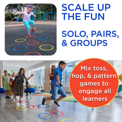 Children playing with colorful hoops on a playground and in a classroom, with text promoting group activities.