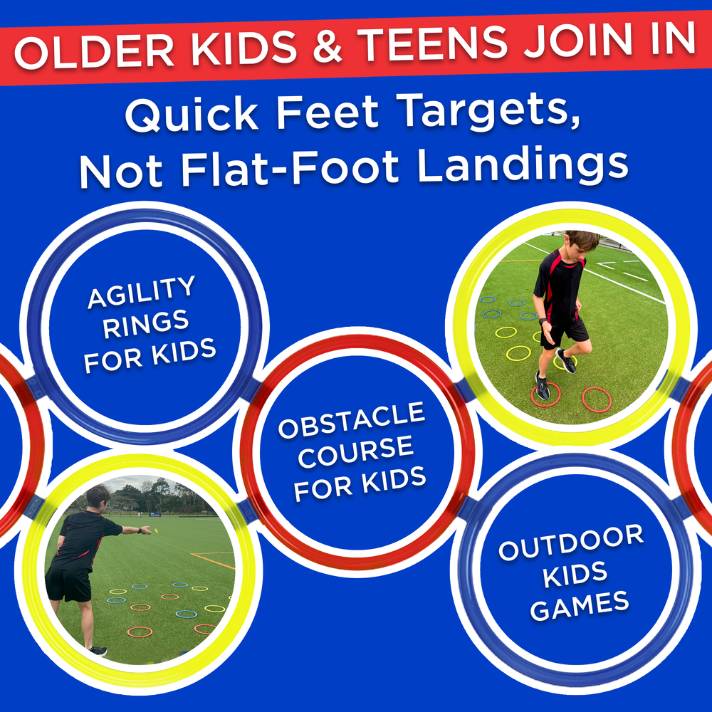 Promotional graphic for kids' outdoor activities with text and images of agility rings and obstacle course.