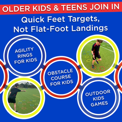 Promotional graphic for kids' outdoor activities with text and images of agility rings and obstacle course.