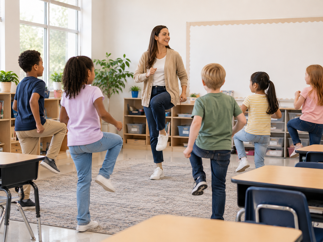 Teacher leading a classroom movement break with foam dice