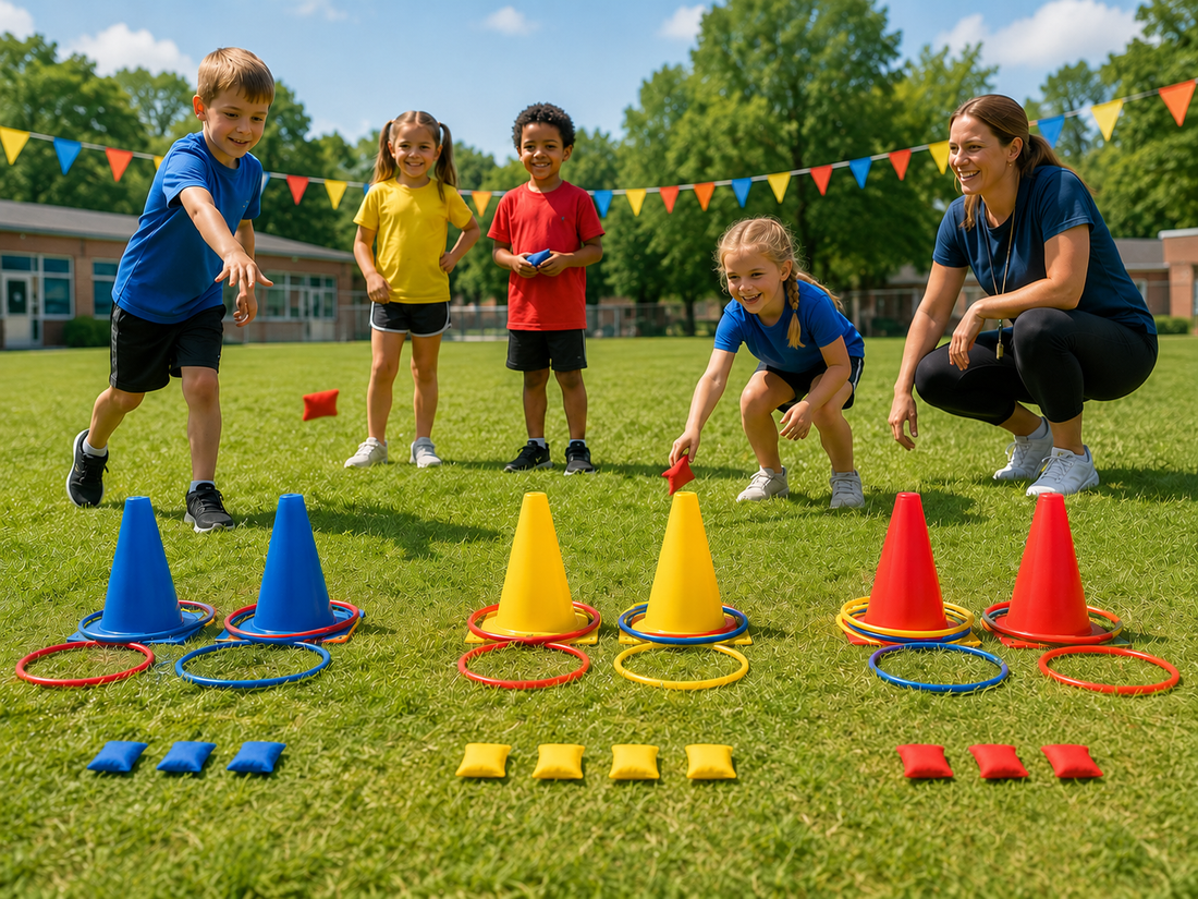 Field day equipment with cones, rings, and bean bags on a school field