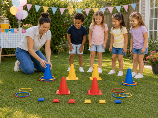 Kids playing ring toss with cones and rings at a backyard party