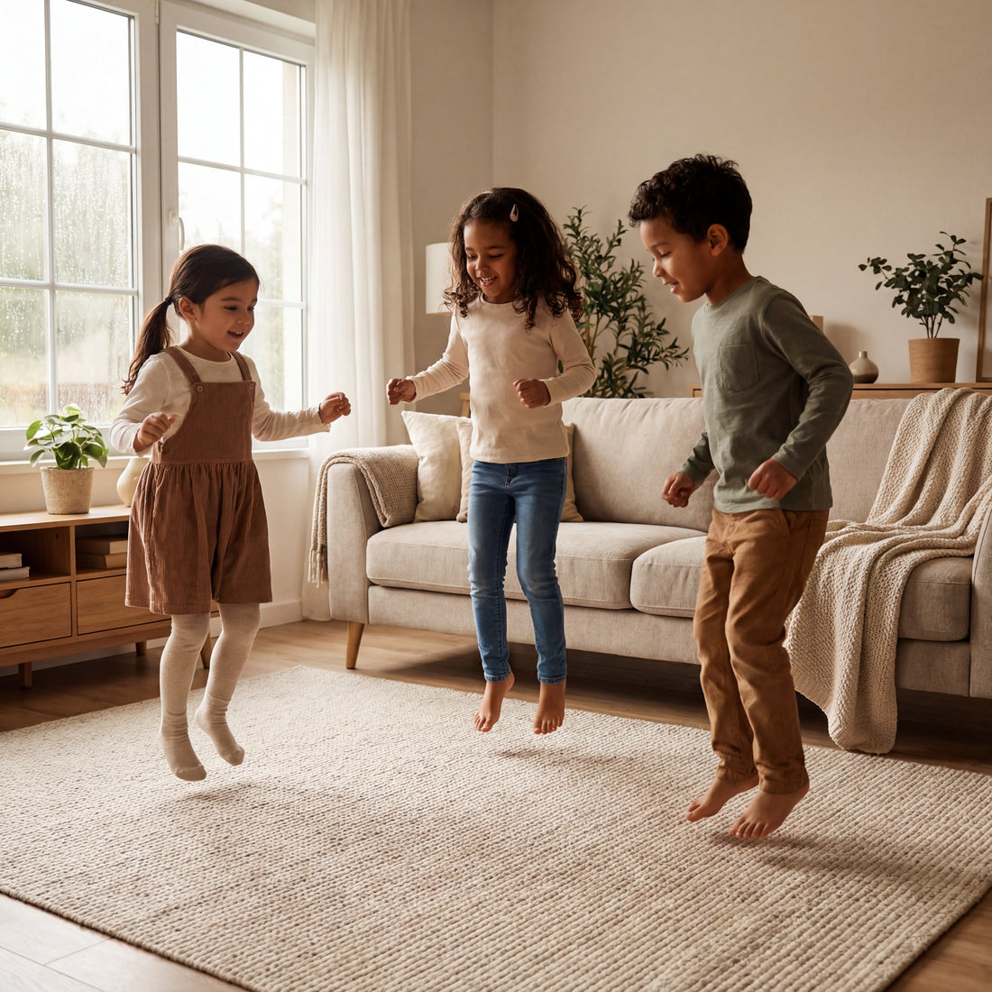 Kids playing an active indoor game at home on a rainy day