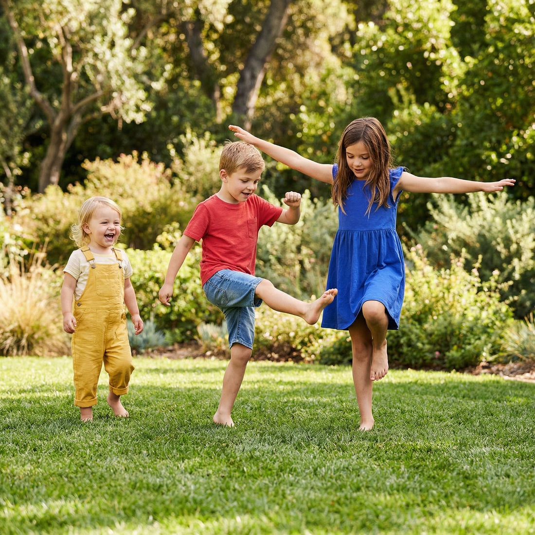 Kids playing actively outdoors in summer without screens