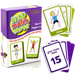 Card game set with 'Snap, Match, Move' packaging and playing cards on a white background