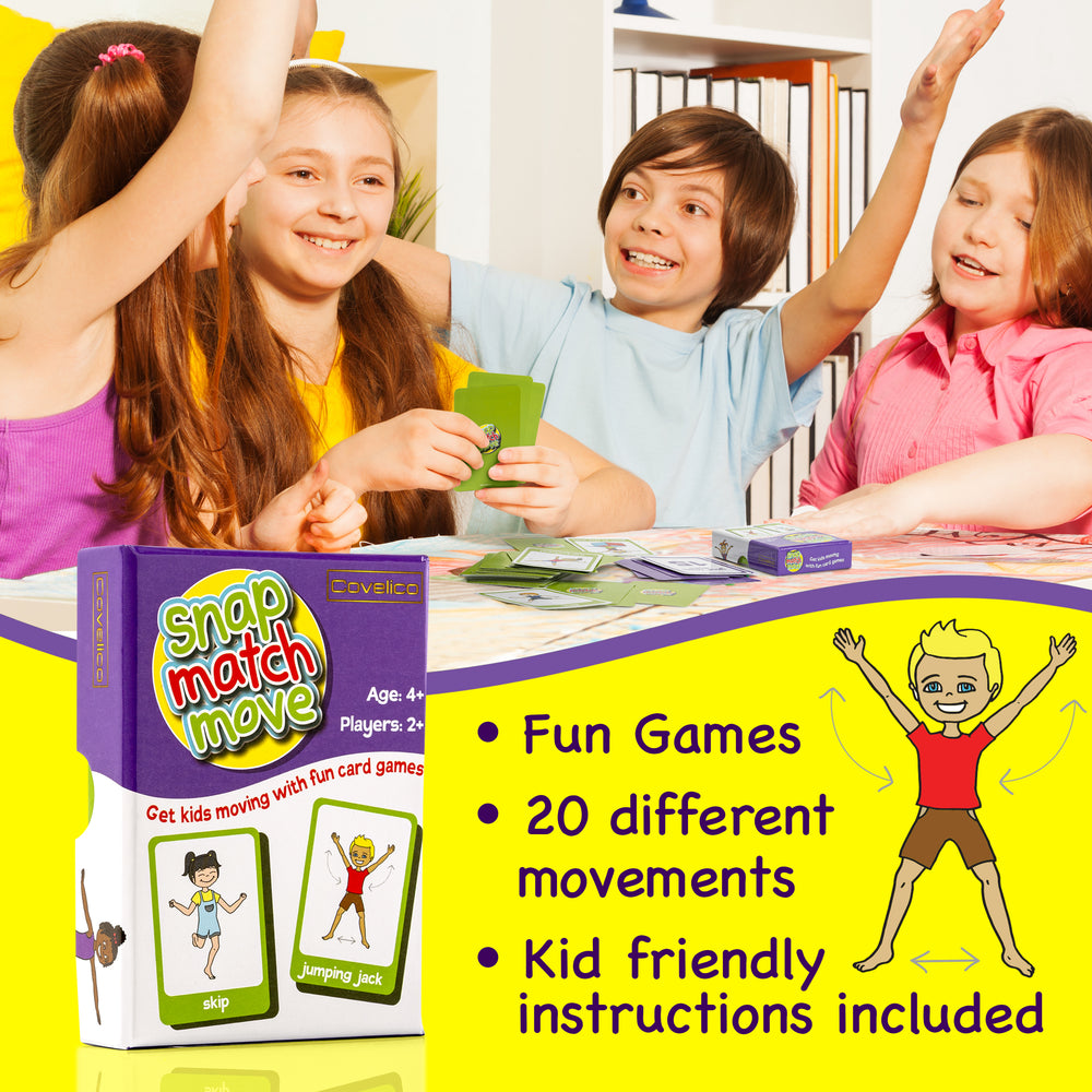 Children playing a card game with a 'Snap, Match, Move' product packaging in the foreground.
