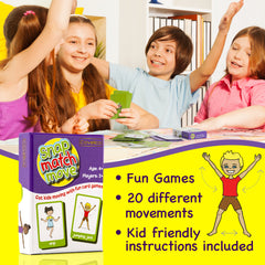 Children playing a card game with a 'Snap, Match, Move' product packaging in the foreground.