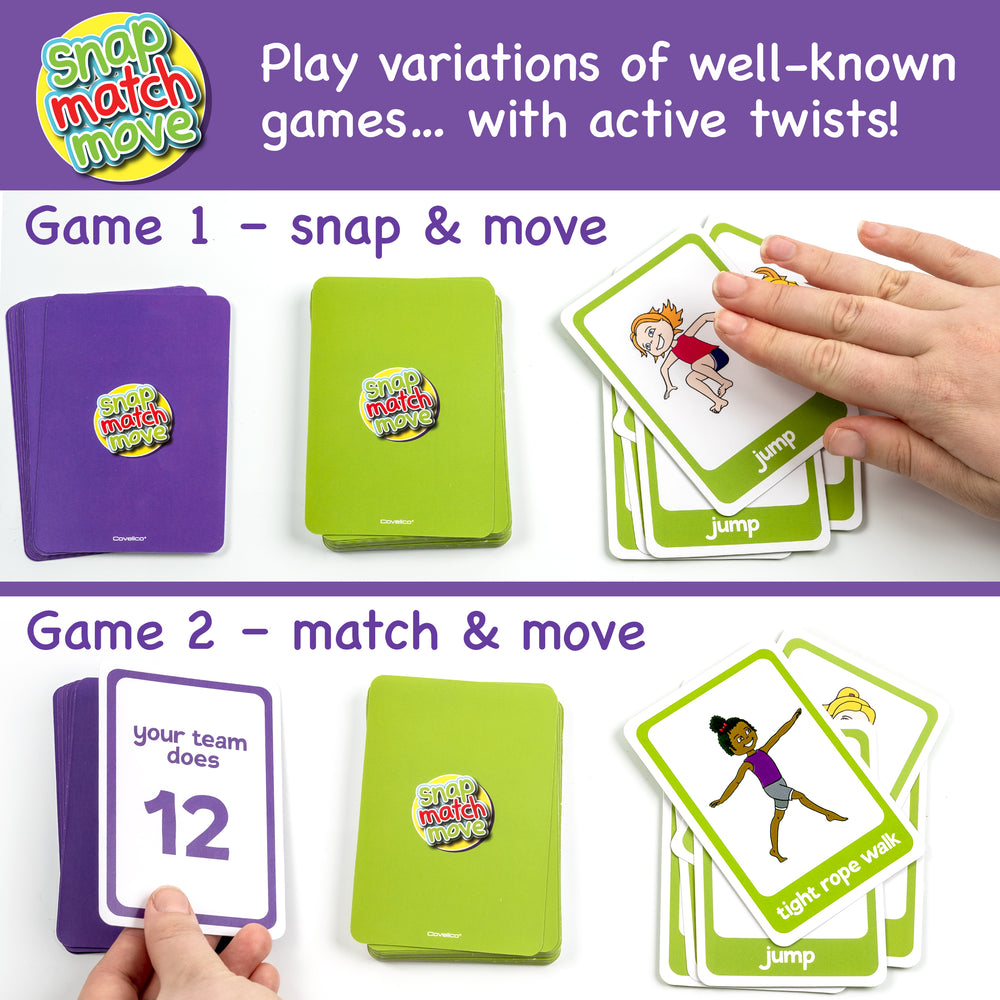 Card game packaging with purple and green cards and playing cards featuring characters and text.