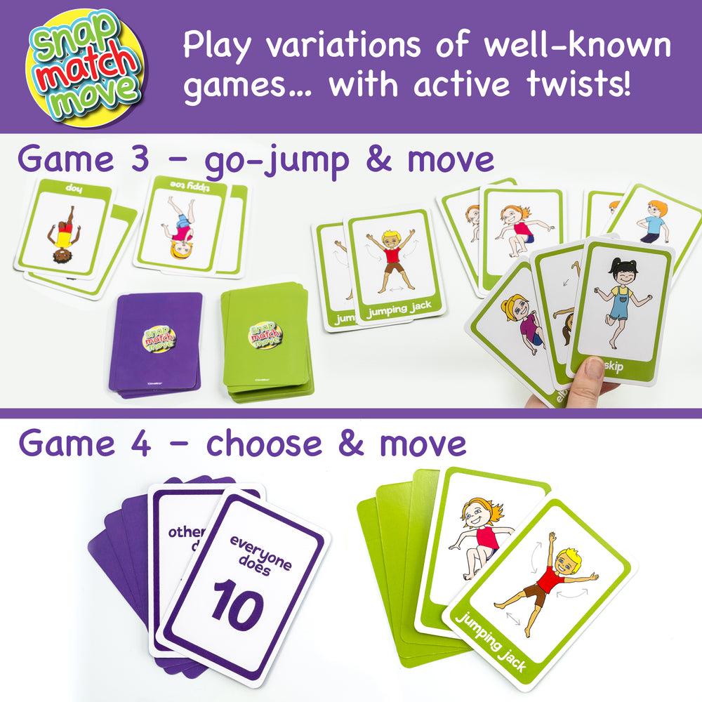 Children's card game with illustrations of children performing actions, set against a white background with purple accents.