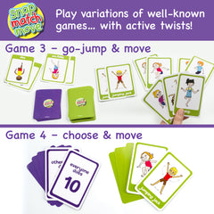 Children's card game with illustrations of children performing actions, set against a white background with purple accents.