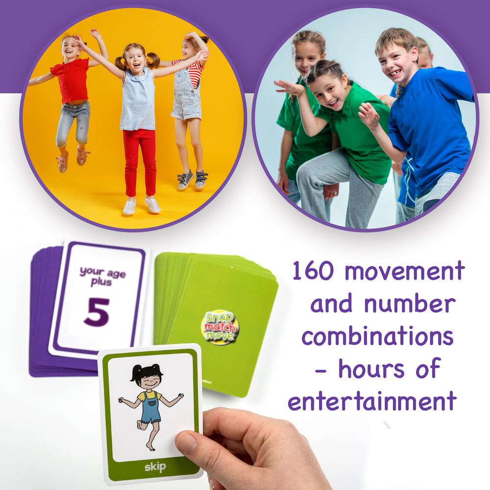 Children playing, educational cards with numbers and movement illustrations, and text about entertainment options.