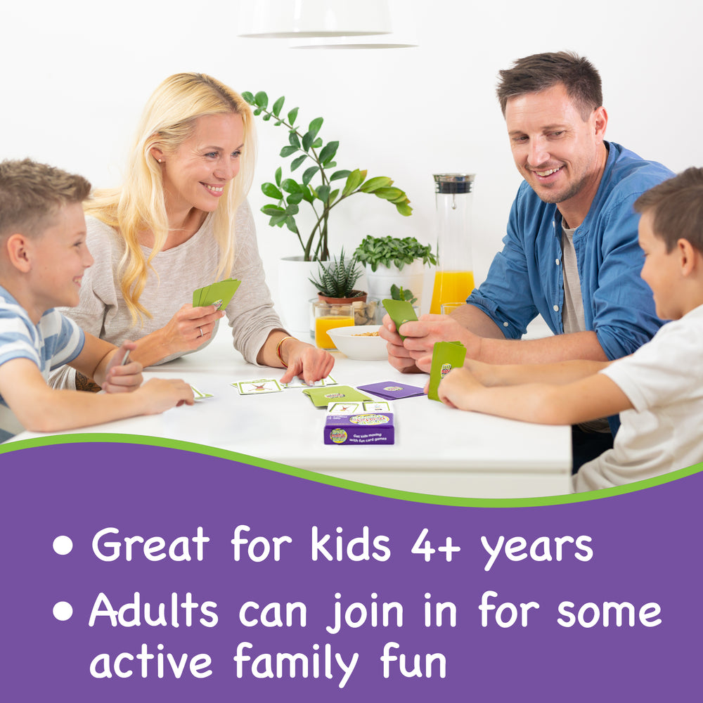 Family playing a board game together with text about suitability for children and adults.