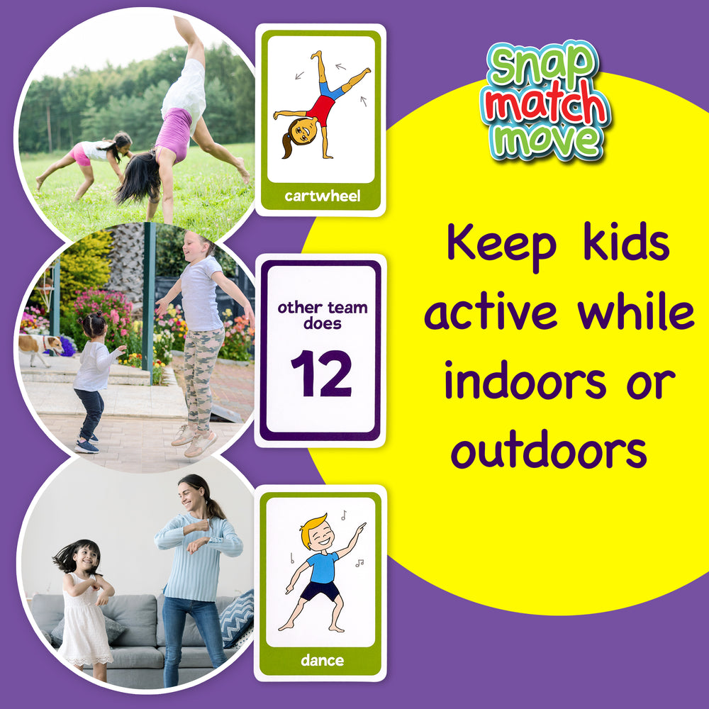 Promotional graphic for 'Snap Match Move' activity cards with children and outdoor scenes on a purple and yellow background.