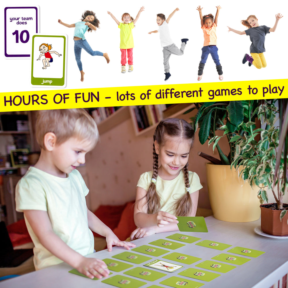 Children playing with educational cards in a home setting, with text about hours of fun and games.