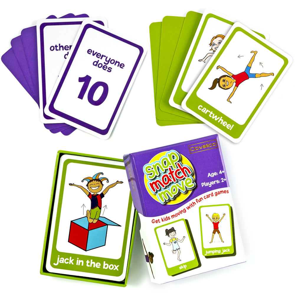 Colorful card game with action poses and a game box on a white background