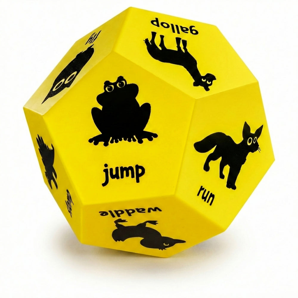 Yellow die with black animal illustrations and labels on a white background