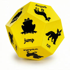 Yellow die with black animal illustrations and labels on a white background