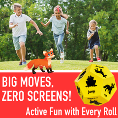 Children playing outdoors with a fox toy and a dice, promoting active fun.