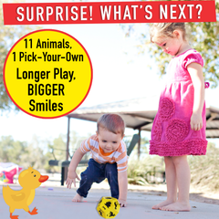 Two children playing outdoors with a yellow rubber duck and a black and yellow ball, surrounded by text about animals and playtime.