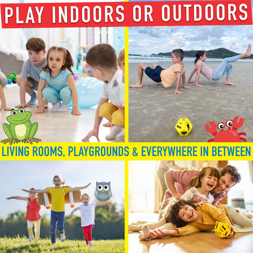 Children playing indoors and outdoors with text encouraging play in various settings.