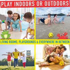 Children playing indoors and outdoors with text encouraging play in various settings.