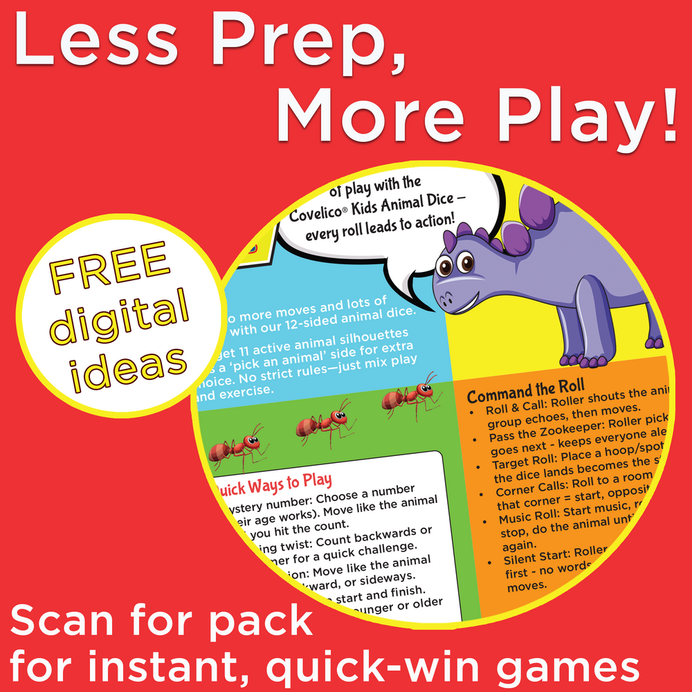 Promotional graphic for 'Less Prep, More Play!' with dice game instructions and a rhino character on a red background.