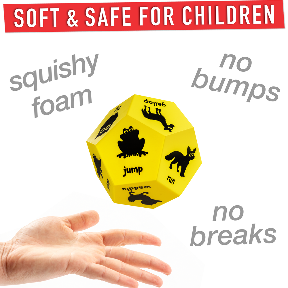 Yellow foam ball with black animal illustrations and a hand holding it, labeled 'soft & safe for children'.