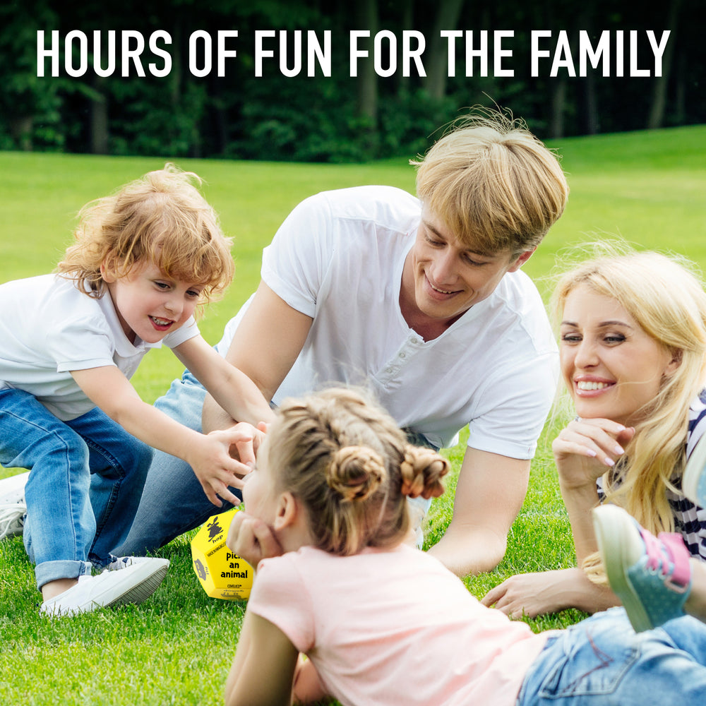 Family playing on grass with text 'Hours of Fun for the Family'