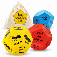 Set of colorful dice with text and animal illustrations, including a drawstring bag labeled 'kids active dice set'.