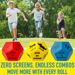 Children playing outdoors with dice and text promoting physical activity.